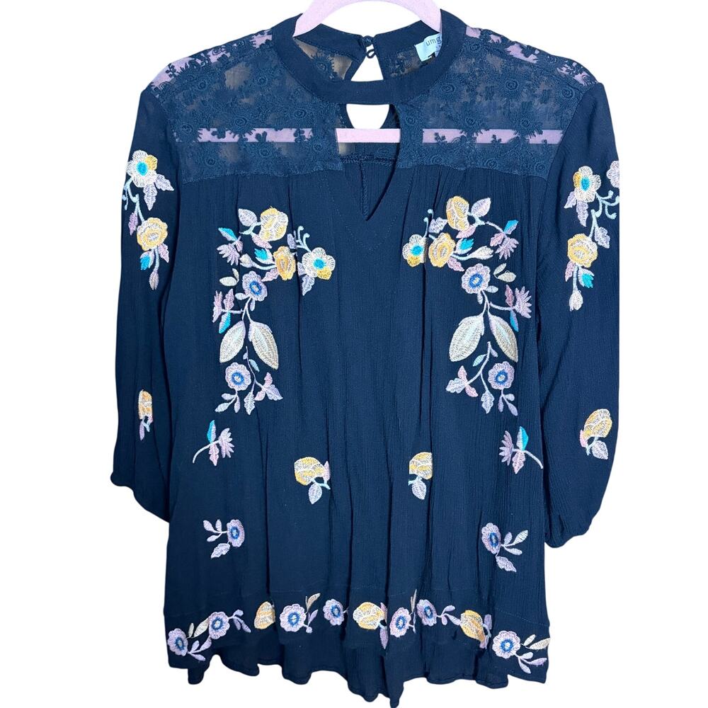 Umgee Embroidered Floral Boho Blouse Black Lace Festival, Cottagecore Artsy Med
